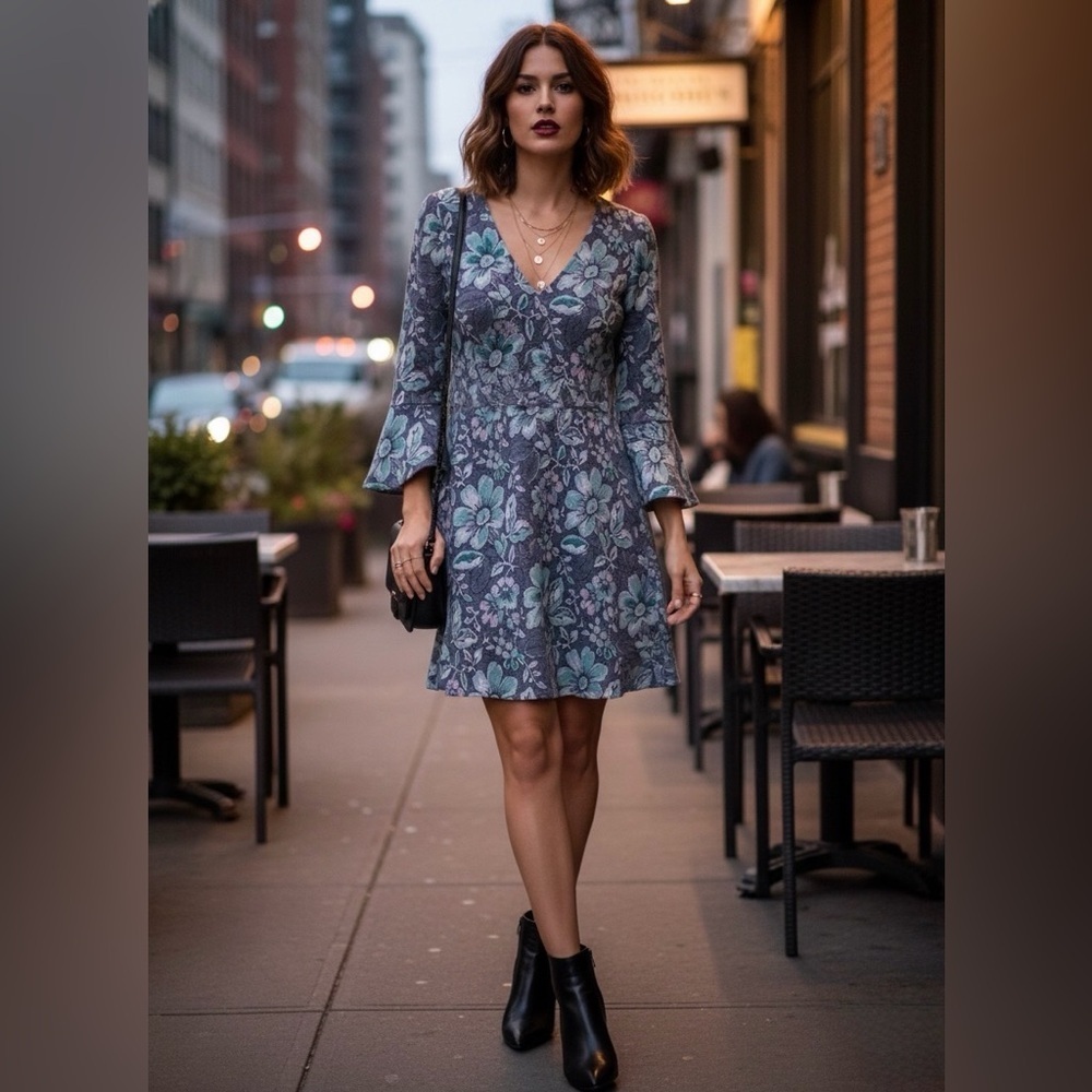 Anthropologie Maeve Floral Blue Dress size Medium Petite